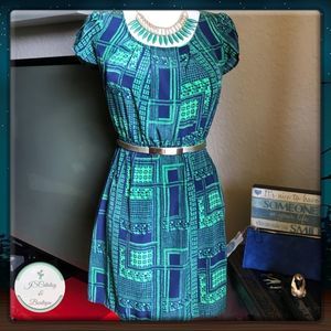 Pink Owl Blue & Green Chiffon Casual Dress EUC - M